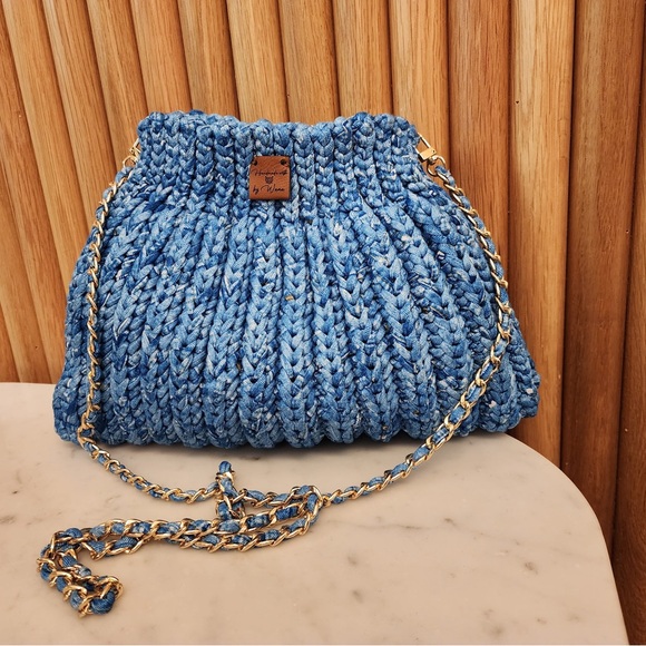 Crochet Blue Woven Chain Shoulder Bag - Picture 2 of 2